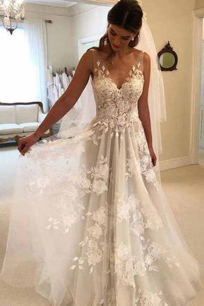 Elegant A-line Lace V-neck Tulle  V Back Long Wedding Dress with Appliques CHW0040