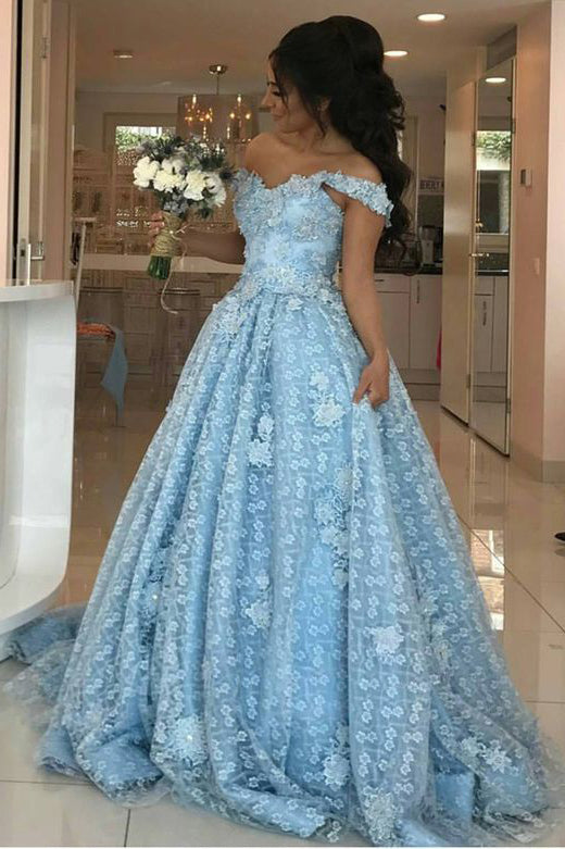 Ball Gown Light Blue Lace Appliques Prom Dresses Off the Shoulder Quin cherishgirls Ball Gown Light Blue Lace Appliques Prom Dresses Off the Shoulder Quin cherishgirls