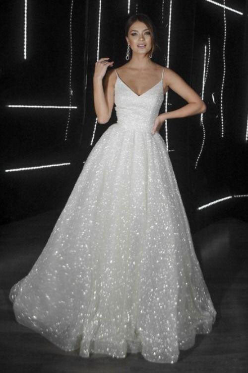 Sparkly Charming V Neck Spaghetti Straps Sequins White Wedding Dresses – cherishgirls
