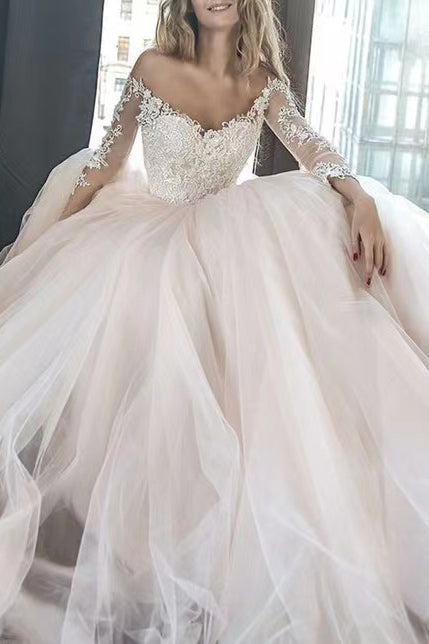 A-Line Tulle Off-the-Shoulder Wedding Dress With Sweep Train ,Long Sle cherishgirls A-Line Tulle Off-the-Shoulder Wedding Dress With Sweep Train ,Long Sle cherishgirls