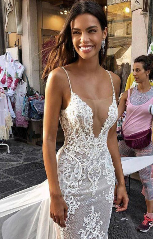 Boho Spaghetti Straps Lace Beach Wedding Dress – HER SHOP