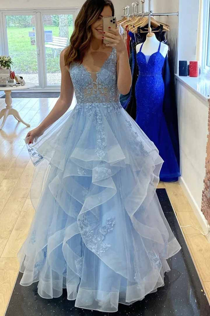 A-Line V Neck Blue Lace Long Prom Dress,Blue Evening Dress With Layers CHP0087