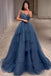Shiny Tulle A-Line Spaghetti Straps Blue Prom Dresses Party Gowns Evening Dress CHP0062