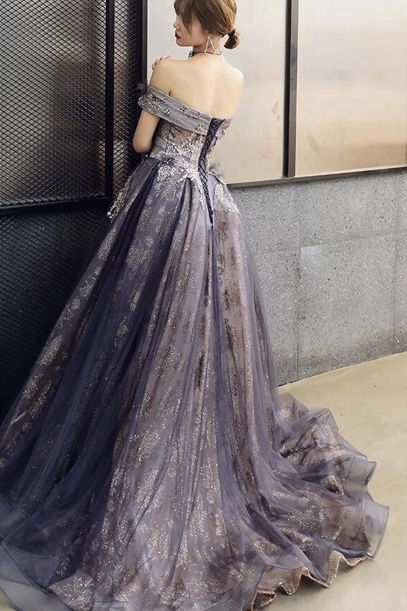 A Line Tulle Of the Shoulder Prom Dresses With Flowers Long Formal Gown  CHP0049