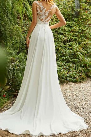 Chiffon A Line V Neck Sleeveless Lace Bridal Gowns With Train,Wedding Dresses CHW0019