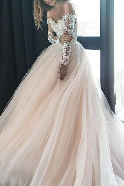 A-Line Tulle Off-the-Shoulder Wedding Dress With Sweep Train ,Long Sleeve Wedding Dresses Lace Appliques Bridal Gowns CHW0025