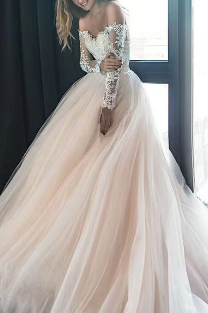 A-Line Tulle Off-the-Shoulder Wedding Dress With Sweep Train ,Long Sle cherishgirls A-Line Tulle Off-the-Shoulder Wedding Dress With Sweep Train ,Long Sle cherishgirls