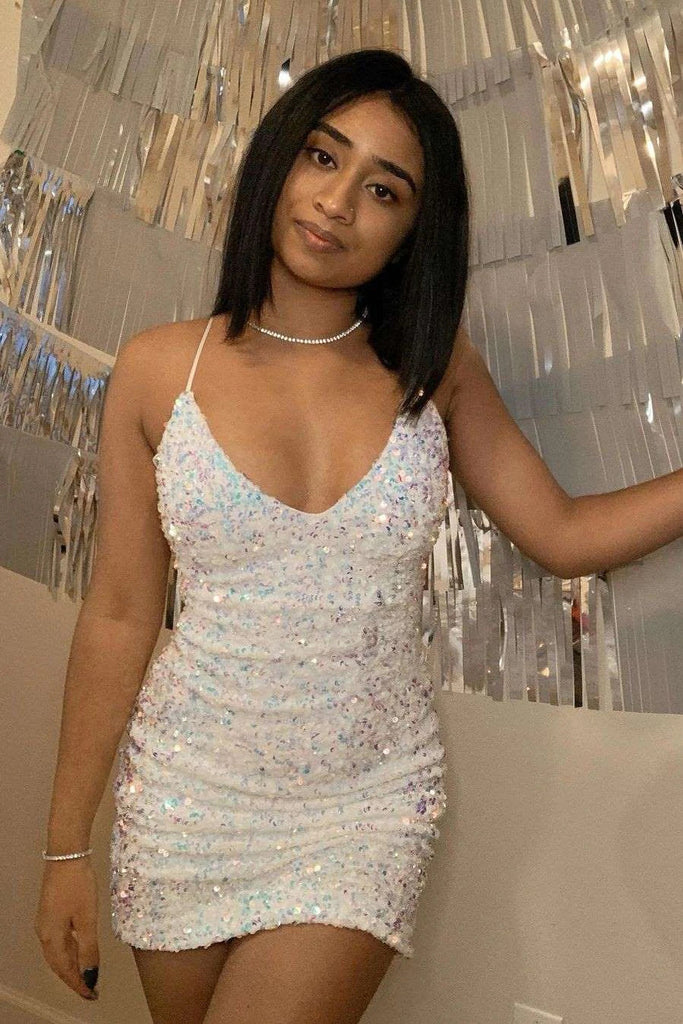 Glitter White Sequins Sleeveless Short Homecoming Dresses, Graduation Dresses, Sweet Dress chh0002