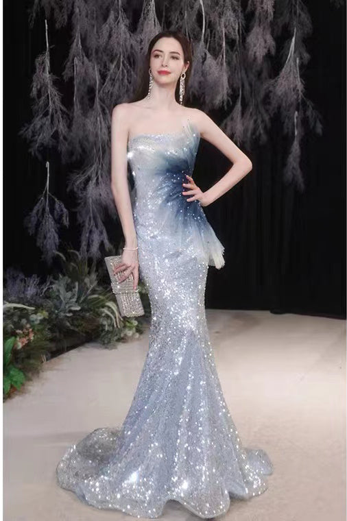 Glitter Mermaid Blue Sleeveless Cheap Long Prom Dresses Evening Party Dresses CHP0066