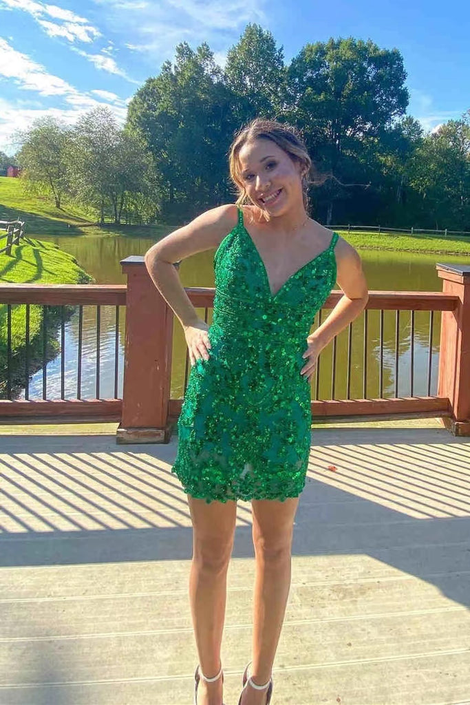 Glittery Green Sequins V Neck Bodycon Homecoming Dresses,Short Prom Dress chh0149
