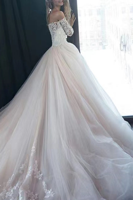 A-Line Tulle Off-the-Shoulder Wedding Dress With Sweep Train ,Long Sle cherishgirls A-Line Tulle Off-the-Shoulder Wedding Dress With Sweep Train ,Long Sle cherishgirls