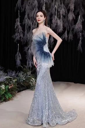 Glitter Mermaid Blue Sleeveless Cheap Long Prom Dresses Evening Party Dresses CHP0066