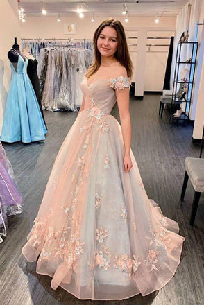 Princess Off The Shoulder Pink Long Floral Appliques Prom Dress Quincerean Dress CHP0050