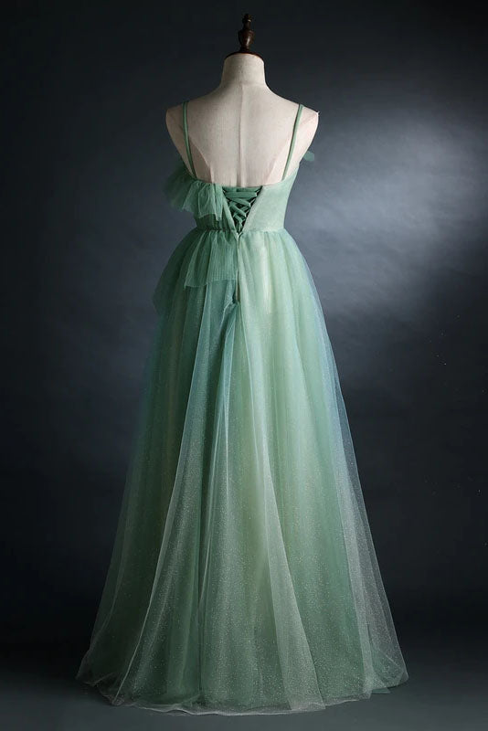 Light Green Spaghetti Straps Long A-line Prom Dress, Beautiful Evening Dress Party Dresses CHP0059