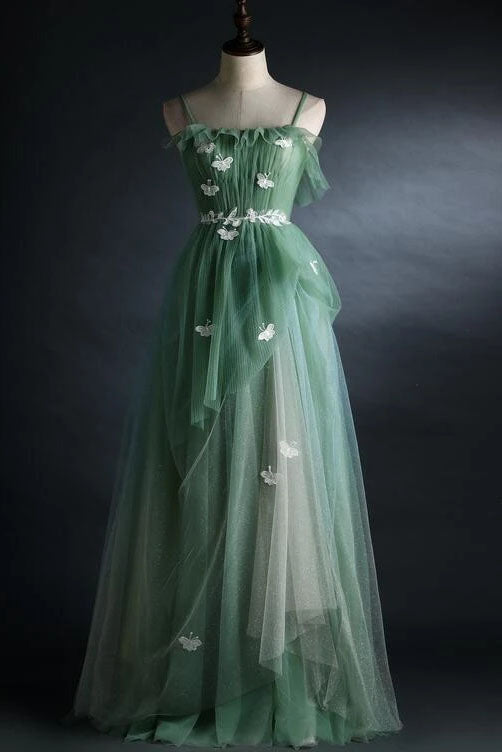 Light Green Spaghetti Straps Long A-line Prom Dress, Beautiful Evening Dress Party Dresses CHP0059