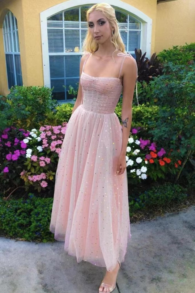 Shiny Pink Sequins Spaghetti Straps Tea Length Prom Dress, Formal Gown CHP0211