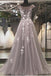 Puffy Cap Sleeves Tulle Prom Dress with Lace Appliques, A Line Long Formal Dresses UQ1741