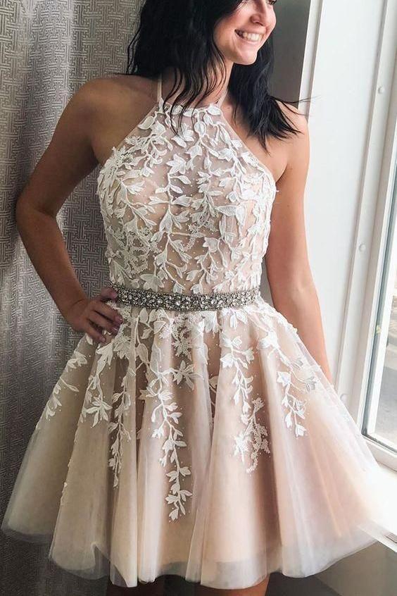 Champagne A Line Halter Sleeveless Homecoming Dress with Beads, Appliqued Short Formal Dress cherishgirls Champagne A Line Halter Sleeveless Homecoming Dress with Beads, Appliqued Short Formal Dress cherishgirls