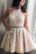 Champagne A Line Halter Sleeveless Homecoming Dress with Beads, Appliqued Short Formal Dress N2167