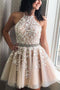 A Line Halter Sleeveless Homecoming Dress with Beads, Appliqued Short Formal Dress UQ2167