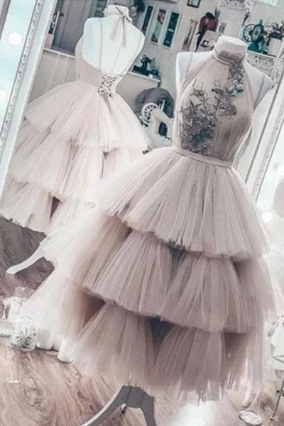 Unique Tea Length Layered Tulle High Neck Short Prom Dress, Puffy Homecoming Dress N2434