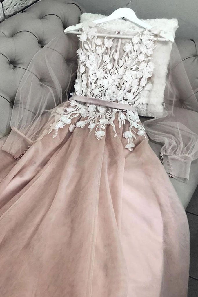 A Line Bateau Long Sleeves Floor Length Prom Dress with Appliques, Cha cherishgirls A Line Bateau Long Sleeves Floor Length Prom Dress with Appliques, Cha cherishgirls