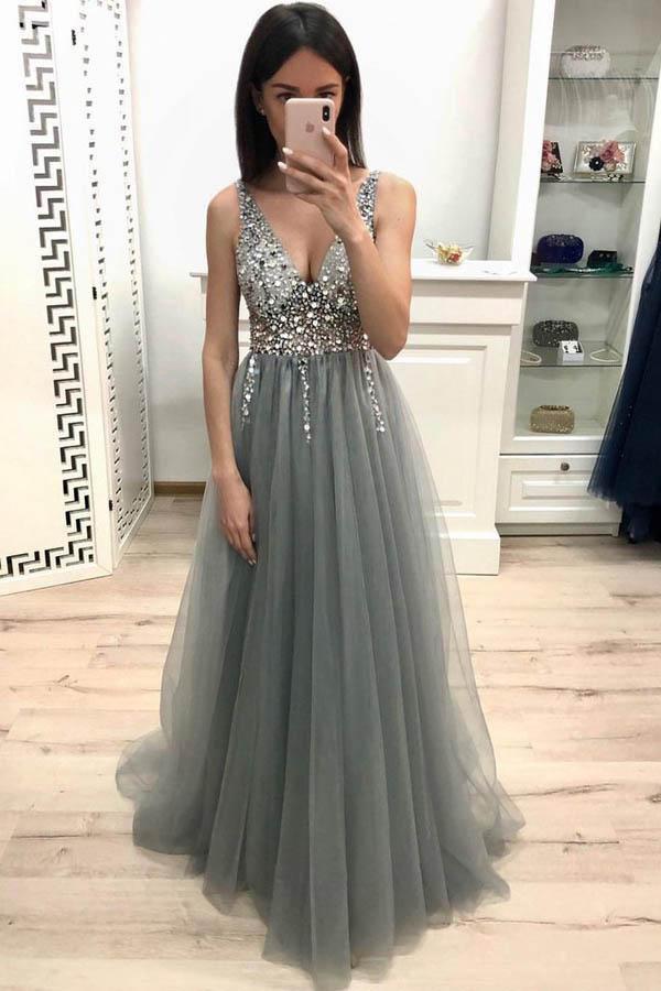 A Line V Neck Sleeveless Tulle Prom Dress with Sequins and Beading, Sparkly Formal Dress N1704