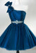 A Line One Shoulder Tulle Homecoming Dress, Blue Tulle Short Prom Dress with Beading N2160