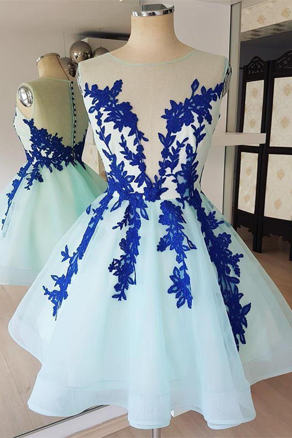 A Line Sheer Neck Sleeveless Short Homecoming Dress with Royal Blue Ap cherishgirls A Line Sheer Neck Sleeveless Short Homecoming Dress with Royal Blue Ap cherishgirls