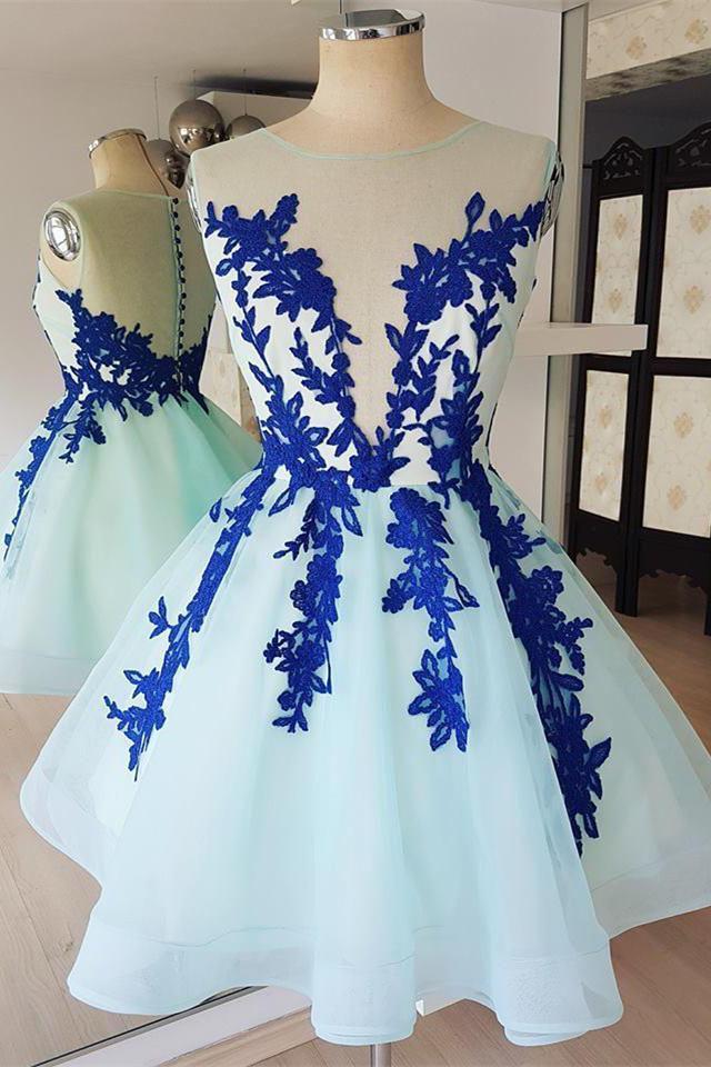 A Line Sheer Neck Sleeveless Short Homecoming Dress with Royal Blue Appliques UQ1720