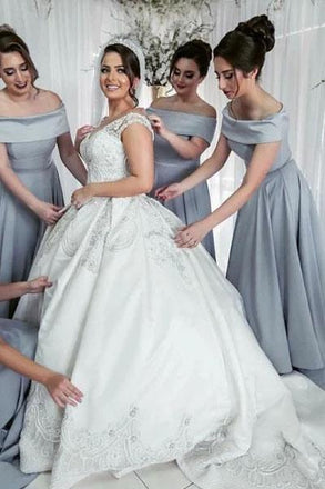 A-Line Off Shoulder Long Cheap Satin Bridesmaid Dresses Online, Simple Bridesmaid Dresses N2364