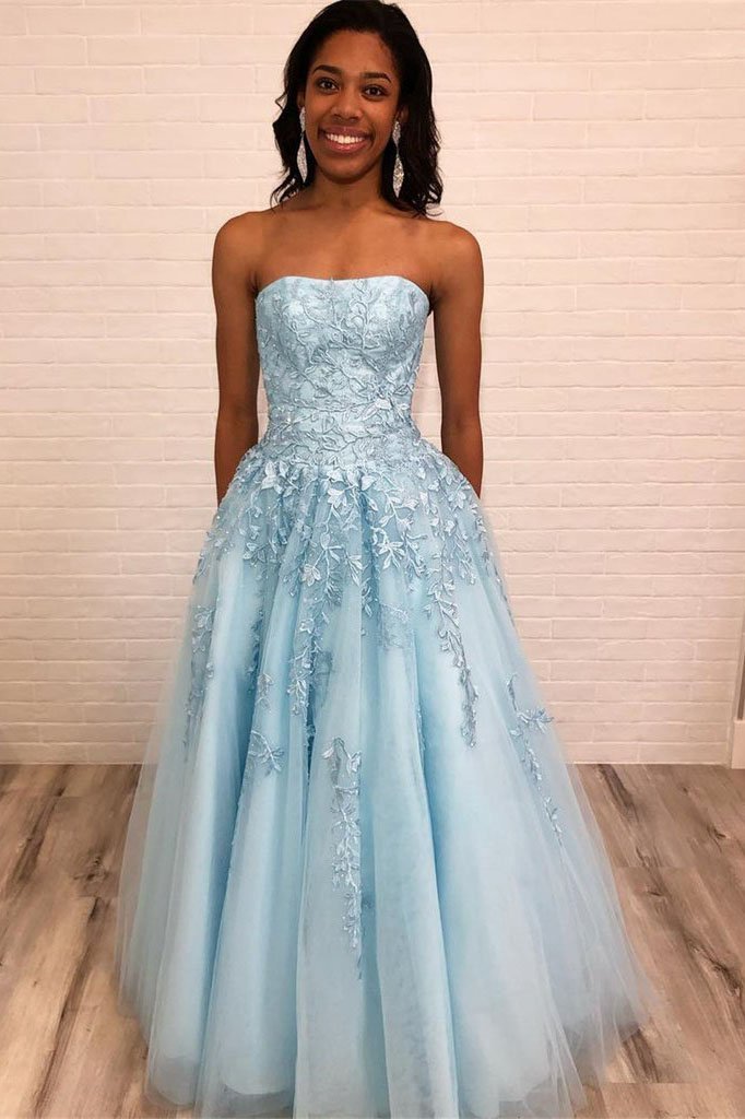Light Blue Strapless Long Prom Dress with Lace Appliques, New Style Gr cherishgirls Light Blue Strapless Long Prom Dress with Lace Appliques, New Style Gr cherishgirls