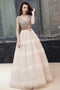Unique V Neck Tulle Lace Long Prom Dress Tulle V Back Evening Dress with Train UQ2092