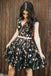 Black Lace Flowers Knee Length Cap Sleeves Homecoming Dress, Unique Graduation Dress N2121
