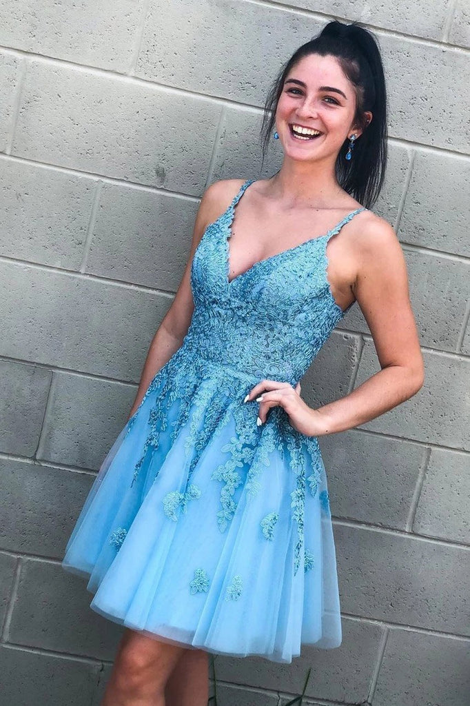 A Line V Neck Lace Appliques Tulle Homecoming Dress, Cute Short Prom D cherishgirls A Line V Neck Lace Appliques Tulle Homecoming Dress, Cute Short Prom D cherishgirls