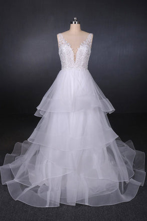 Unique V Neck Sleeveless Tulle Wedding Dresses, Asymmetrical Long Bridal Dresses N2290