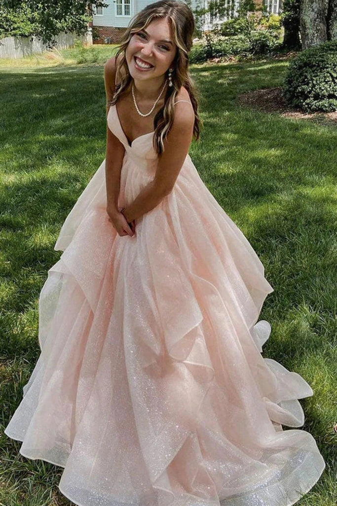 Glitter A Line Spaghetti Straps Asymmetrical Long Prom Dress, Shiny Evening Gown CHP0101 Glitter A Line Spaghetti Straps Asymmetrical Long Prom Dress, Shiny Evening Gown CHP0101