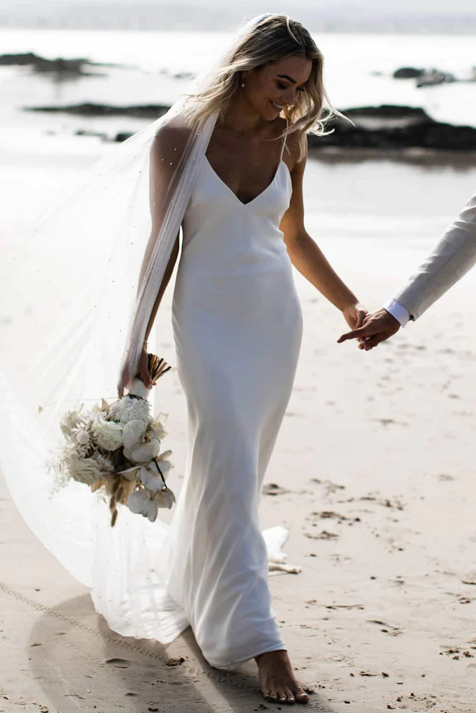 Aesthetic Spaghetti Straps Mermaid Beach Wedding Dress, Long Bridal Dress CHW0144