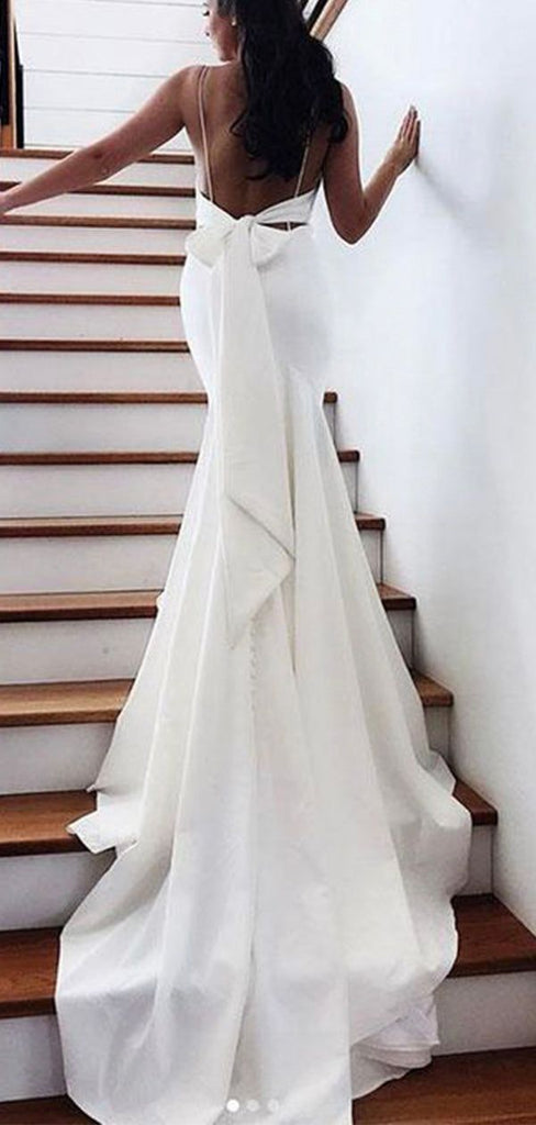 Mermaid Spaghetti Straps Beach Wedding Dresses With Bowknot, Bridal Gown CHW0156