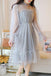 Blue Sparkly Star Long Sleeves Tulle Homecoming Dresses, Charming Short Prom Dress UQ2004