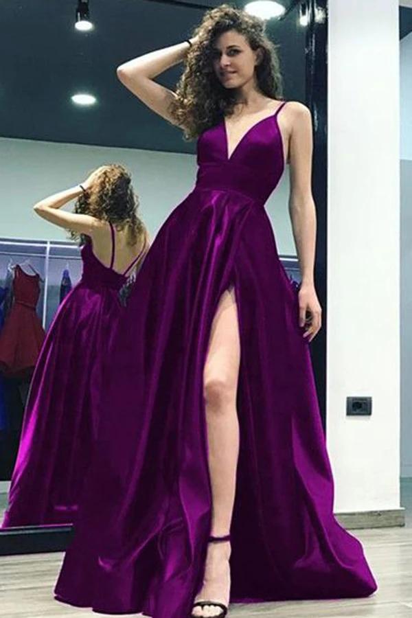 Grape Color Deep V Neck Sleeveless Fashion Dress, Sexy Prom Dress with Slit chp0034