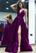 Grape Color Deep V Neck Sleeveless Fashion Dress, Sexy Prom Dress with Slit chp0034