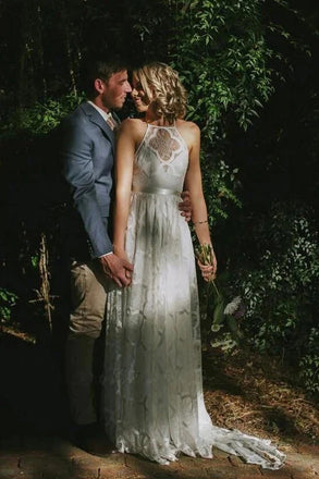 Unique Sleeveless Lace Beach Wedding Dress, Backless Bridal Gown CHW0155