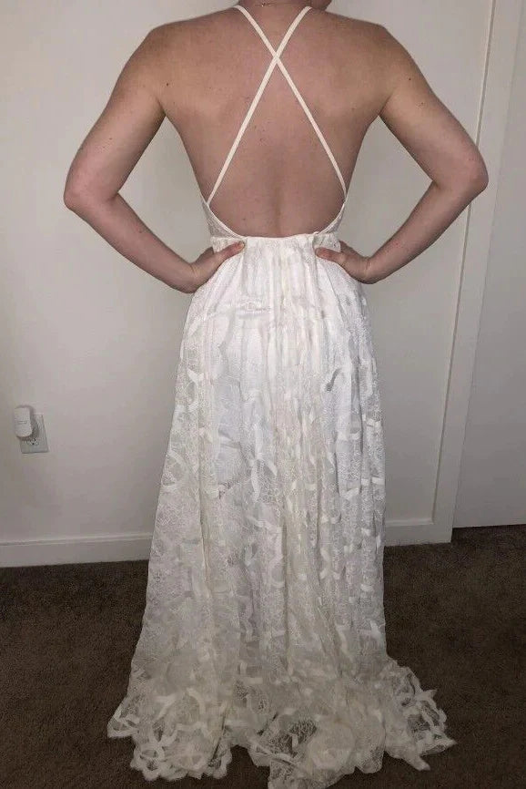 Unique Sleeveless Lace Beach Wedding Dress, Backless Bridal Gown CHW0155