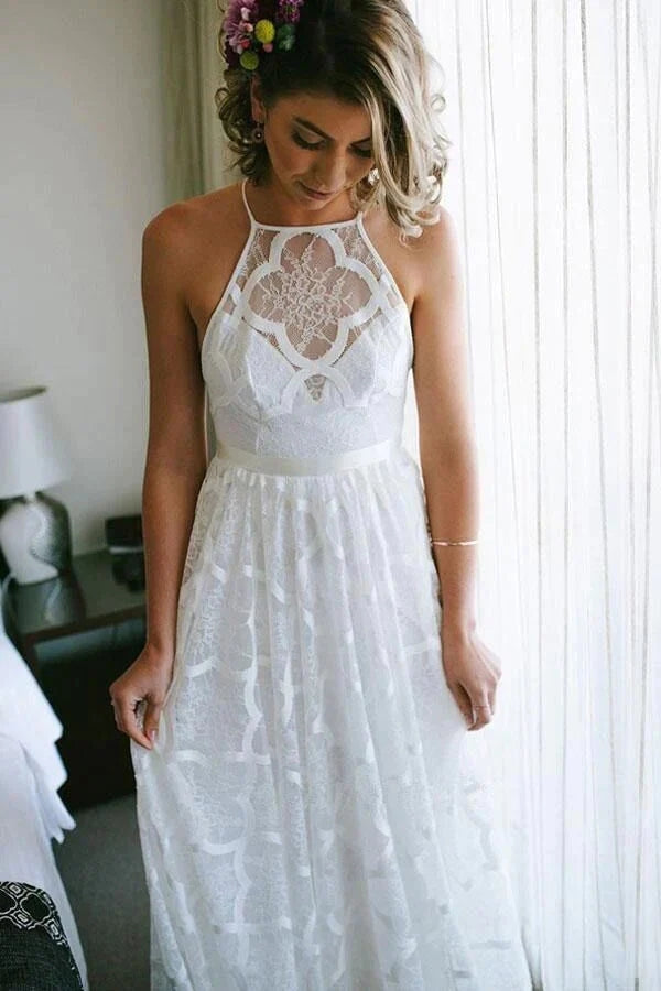 Unique Sleeveless Lace Beach Wedding Dress, Backless Bridal Gown CHW0155