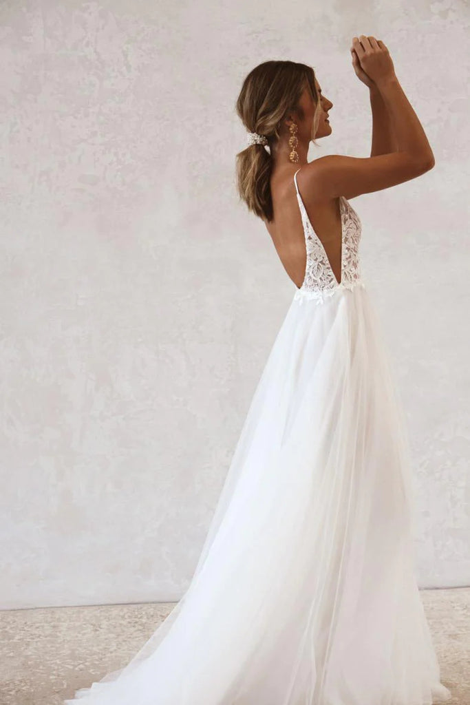 Simple A Line Spaghetti Straps Wedding Gown, Aesthetic Long Beach Wedding Dress CHW0128