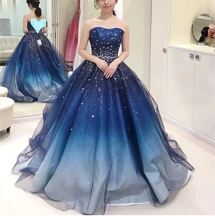Princess Blue Strapless Lace up Prom Dresses With Beading, Formal Gown CHP0215