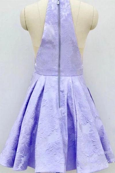 Lilac Jacquard Floral Homecoming Dresses with Pocket Halter Short Graduation Dress UQ2179