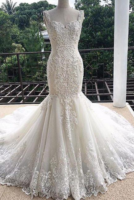 Gorgeous Mermaid Sweetheart Sleeveless Lace Tulle Long Wedding Dress chw0003