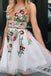 White Deep V Neck Lace Homecoming Dress with Appliques, Cute Short Prom Dresses UQ2164